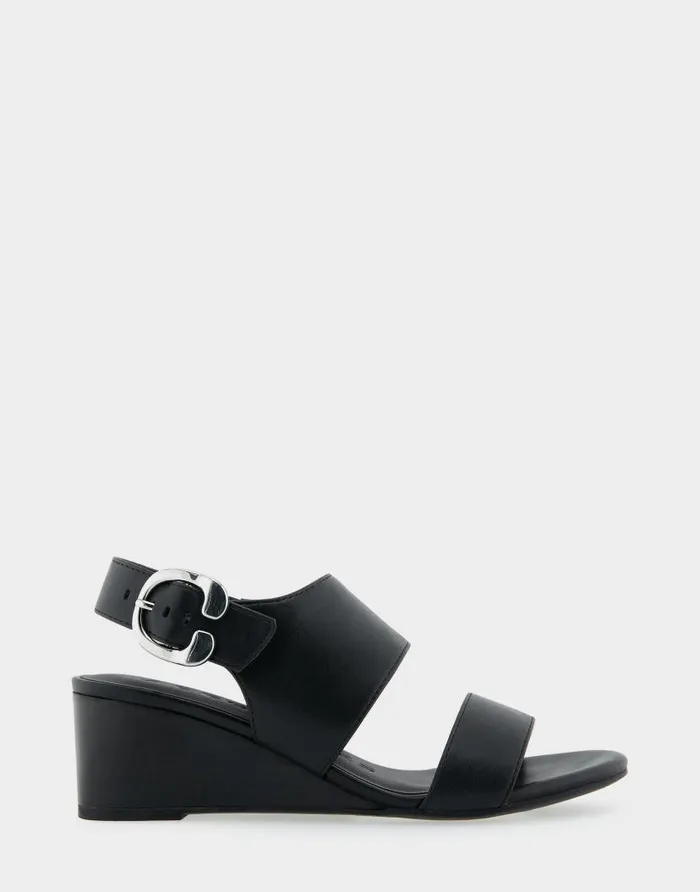 Aerosoles Comfortable Women039s Buckle Back Mid Wedge Sandal In Black Faux Leather Black Faux Leather Women Wide Width Sandals