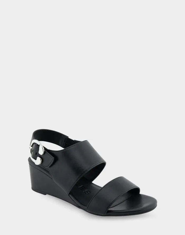 Aerosoles Comfortable Women039s Buckle Back Mid Wedge Sandal In Black Faux Leather Black Faux Leather Women Wide Width Sandals