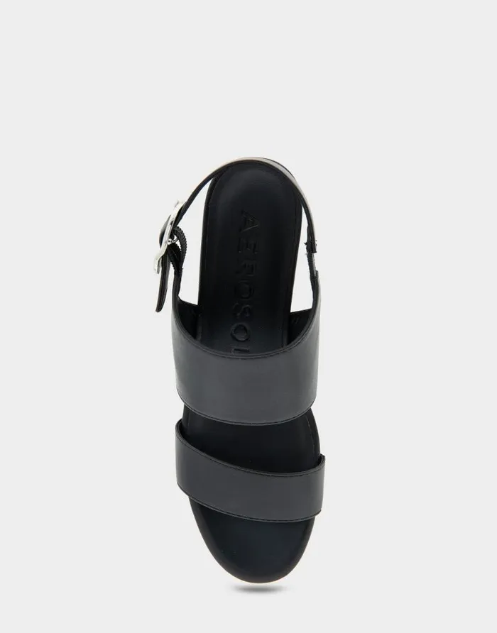 Aerosoles Comfortable Women039s Buckle Back Mid Wedge Sandal In Black Faux Leather Black Faux Leather Women Wide Width Sandals