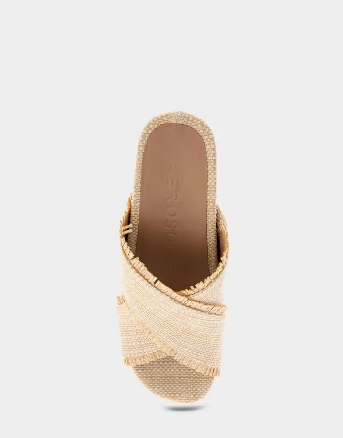 Aerosoles Comfortable Women039s Crisscross Footbed Wedge Sandal In Sand Raffia Combo Raffia Fabric Sand Raffia Combo Women Wedges