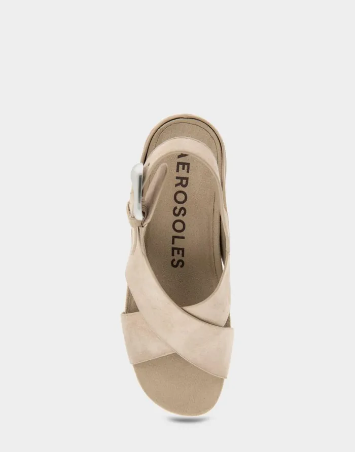 Aerosoles Comfortable Women039s Crisscross Molded Footbed Block Heel Sandal In Pale Khaki Suede Pale Khaki Suede Women Clogs and Mules