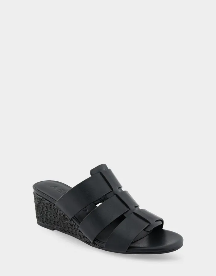 Aerosoles Comfortable Women039s Fisherman Mid Wedge Slide In Black Faux Leather Black Faux Leather Women Wide Width Sandals
