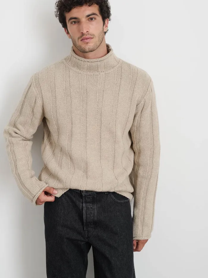 Alex Mill Sweaters Sweatshirts Men Mateo Roll Neck Sweater In Ribbed Wool Cotton Oatmeal