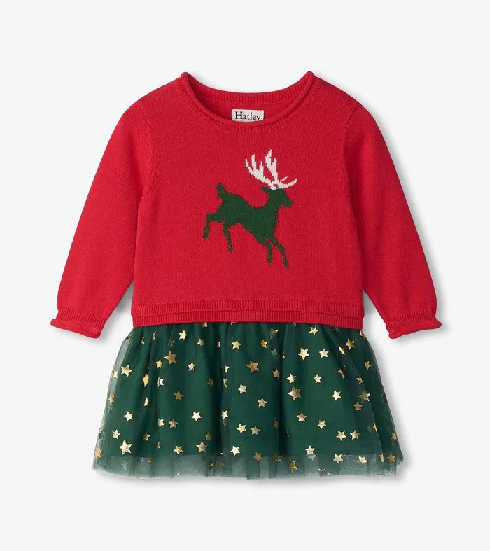 Baby and Toddler Holiday Reindeer Drop Waist Sweater Dress Hatley