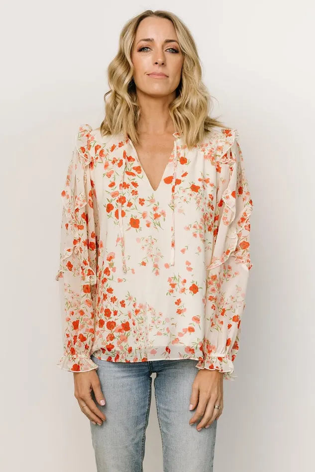 Baltic Born Blouses Shirts Women Karlie Long Sleeve Ruffle Top Ivory Red Multi Baltic Born Blouses Shirts Women Karlie Long Sleeve Ruffle Top Ivory Red Multi