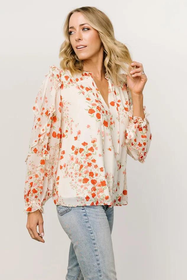 Baltic Born Blouses Shirts Women Karlie Long Sleeve Ruffle Top Ivory Red Multi Baltic Born Blouses Shirts Women Karlie Long Sleeve Ruffle Top Ivory Red Multi
