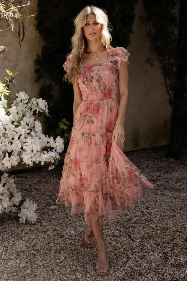 Baltic Born Bump Friendly Women Clementine Tulle Midi Dress Pink Rose Floral