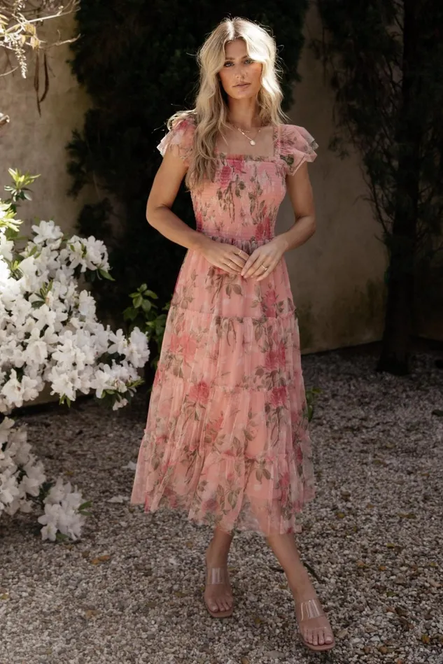 Baltic Born Bump Friendly Women Clementine Tulle Midi Dress Pink Rose Floral Baltic Born Bump Friendly Women Clementine Tulle Midi Dress Pink Rose Floral