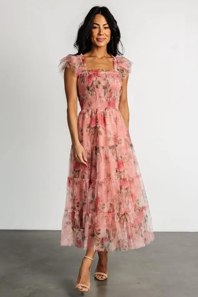 Baltic Born Bump Friendly Women Clementine Tulle Midi Dress Pink Rose Floral Baltic Born Bump Friendly Women Clementine Tulle Midi Dress Pink Rose Floral