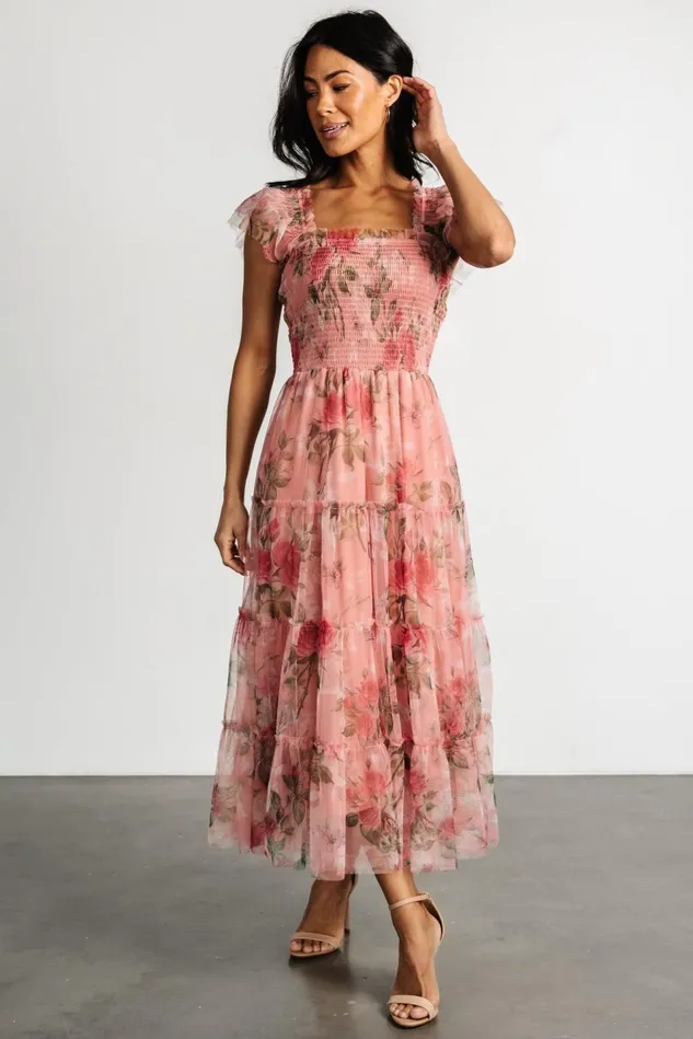 Baltic Born Bump Friendly Women Clementine Tulle Midi Dress Pink Rose Floral Baltic Born Bump Friendly Women Clementine Tulle Midi Dress Pink Rose Floral