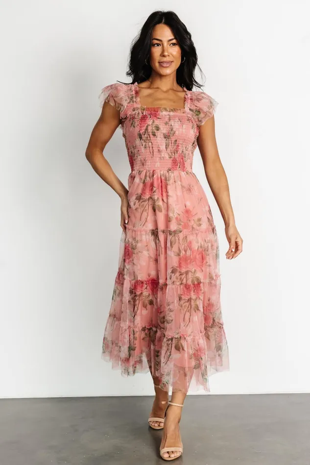 Baltic Born Bump Friendly Women Clementine Tulle Midi Dress Pink Rose Floral Baltic Born Bump Friendly Women Clementine Tulle Midi Dress Pink Rose Floral