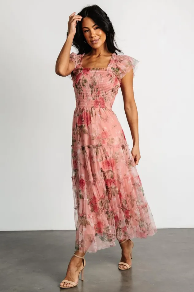 Baltic Born Bump Friendly Women Clementine Tulle Midi Dress Pink Rose Floral Baltic Born Bump Friendly Women Clementine Tulle Midi Dress Pink Rose Floral