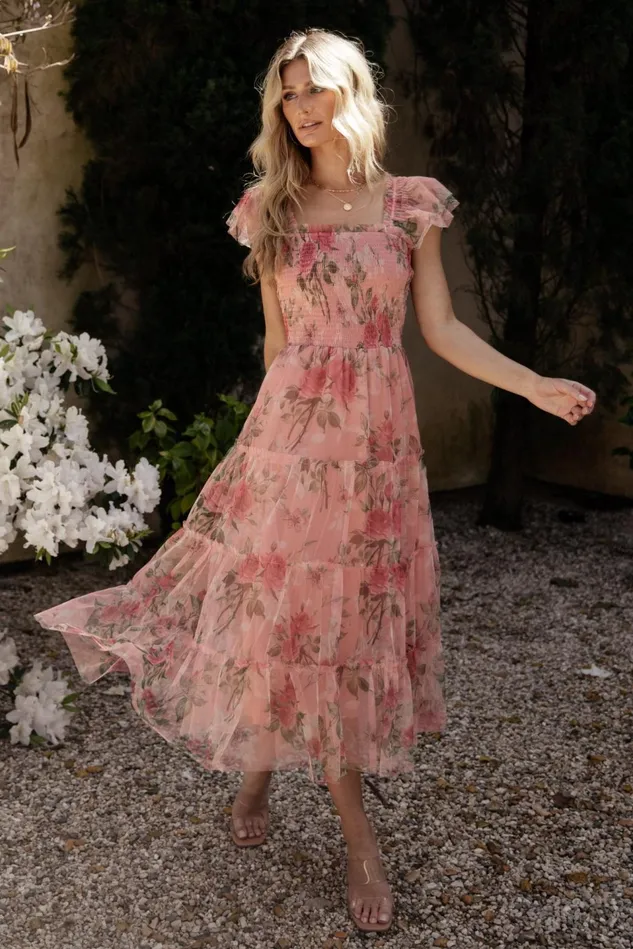 Baltic Born Bump Friendly Women Clementine Tulle Midi Dress Pink Rose Floral Baltic Born Bump Friendly Women Clementine Tulle Midi Dress Pink Rose Floral