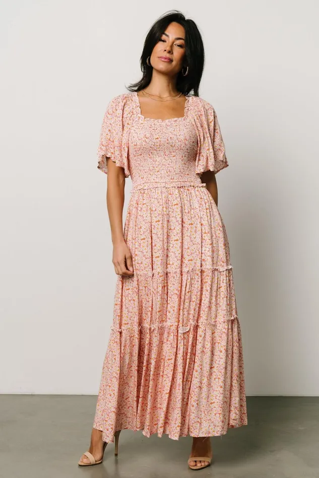 Baltic Born Bump Friendly Women Regina Smocked Maxi Dress Coral Floral