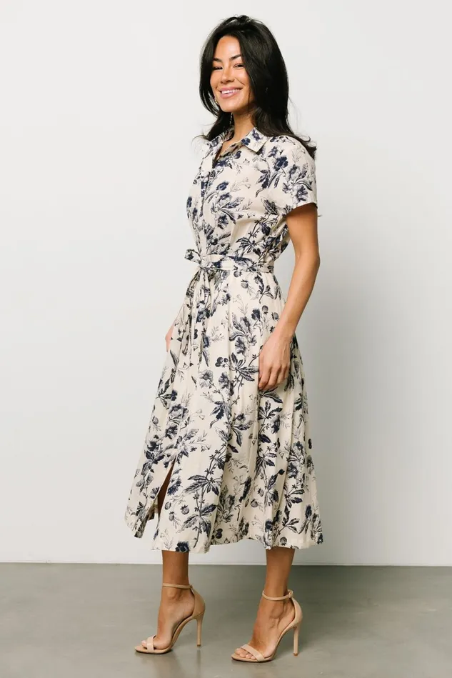 Baltic Born Midi Dresses Women Lorna Midi Dress Beige Navy Print Baltic Born Midi Dresses Women Lorna Midi Dress Beige Navy Print