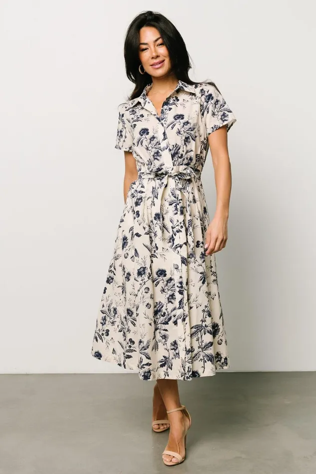 Baltic Born Midi Dresses Women Lorna Midi Dress Beige Navy Print Baltic Born Midi Dresses Women Lorna Midi Dress Beige Navy Print
