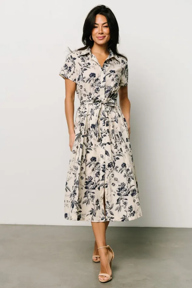 Baltic Born Midi Dresses Women Lorna Midi Dress Beige Navy Print Baltic Born Midi Dresses Women Lorna Midi Dress Beige Navy Print