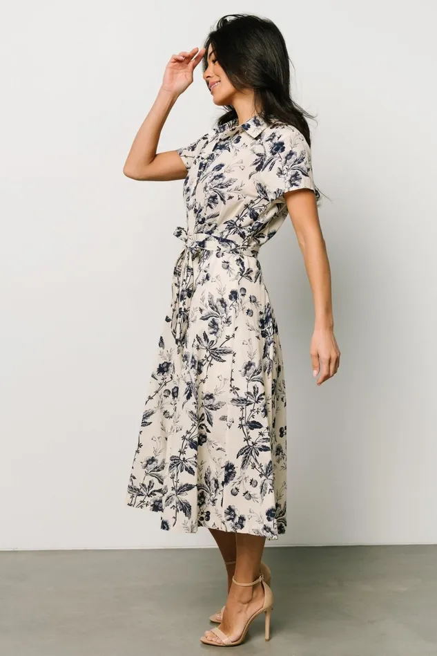Baltic Born Midi Dresses Women Lorna Midi Dress Beige Navy Print Baltic Born Midi Dresses Women Lorna Midi Dress Beige Navy Print