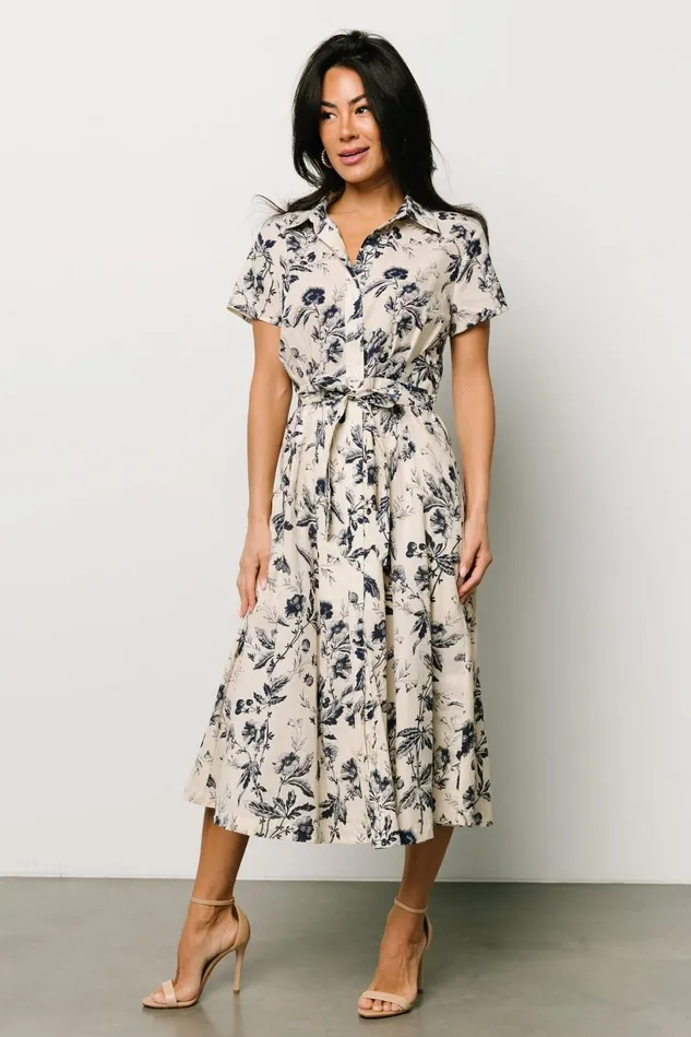 Baltic Born Midi Dresses Women Lorna Midi Dress Beige Navy Print Baltic Born Midi Dresses Women Lorna Midi Dress Beige Navy Print