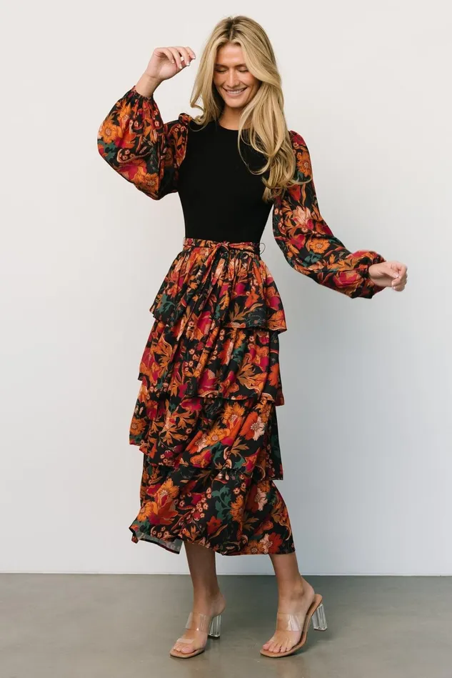 Baltic Born Midi Dresses Women Sylvie Tiered Midi Dress Black Multi Baltic Born Midi Dresses Women Sylvie Tiered Midi Dress Black Multi