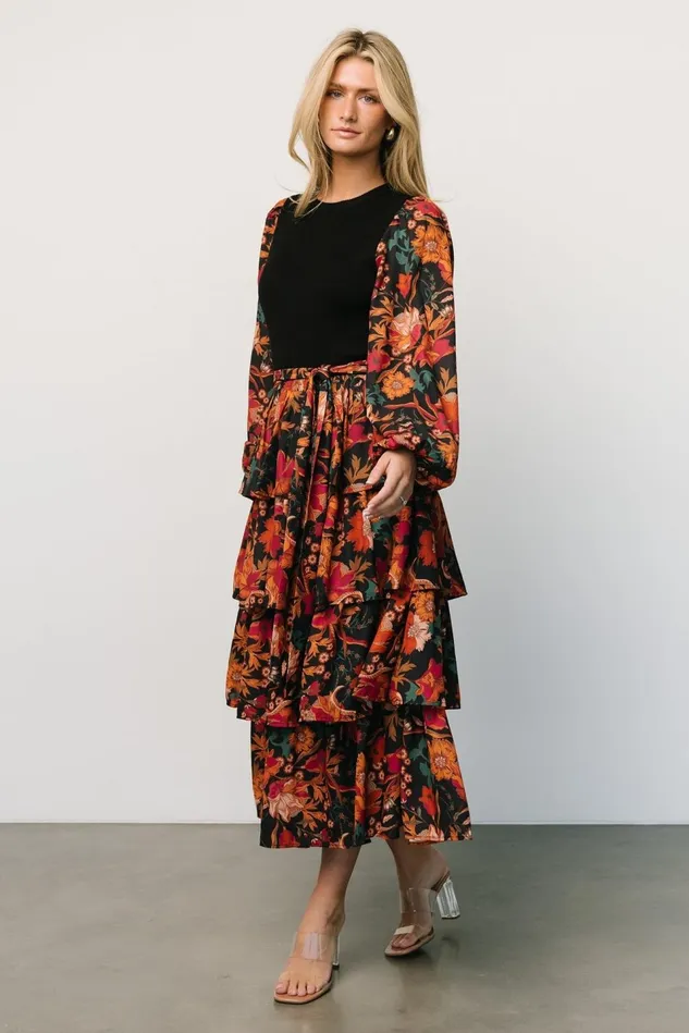 Baltic Born Midi Dresses Women Sylvie Tiered Midi Dress Black Multi Baltic Born Midi Dresses Women Sylvie Tiered Midi Dress Black Multi