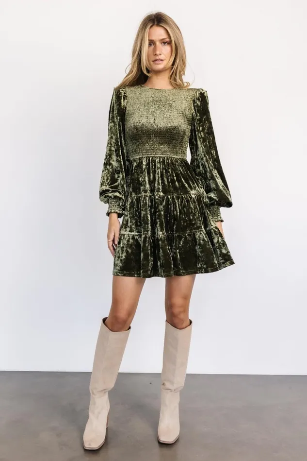 Baltic Born Short Dresses Women Kele Crushed Velvet Mini Dress Dark Olive