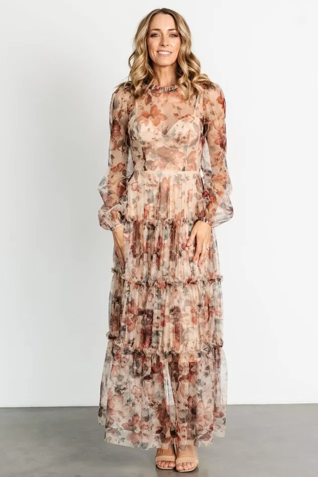 Baltic Born Tulle Styles Women Stephanie Tiered Maxi Dress Taupe Floral