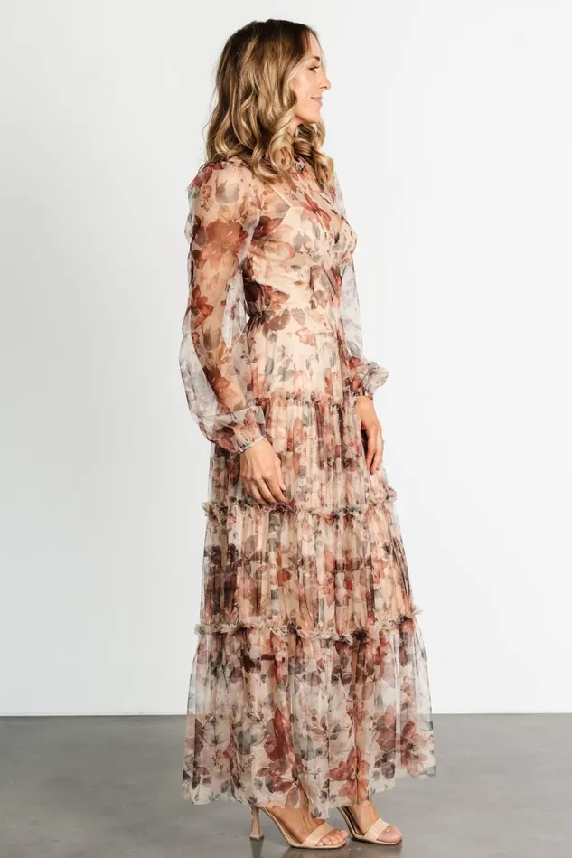 Baltic Born Tulle Styles Women Stephanie Tiered Maxi Dress Taupe Floral Baltic Born Tulle Styles Women Stephanie Tiered Maxi Dress Taupe Floral
