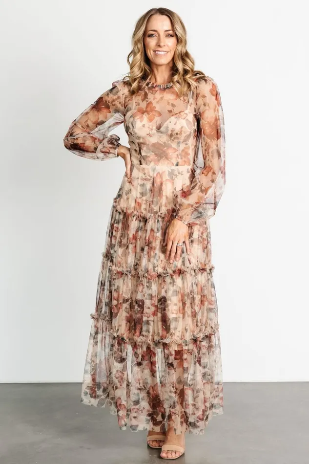Baltic Born Tulle Styles Women Stephanie Tiered Maxi Dress Taupe Floral Baltic Born Tulle Styles Women Stephanie Tiered Maxi Dress Taupe Floral