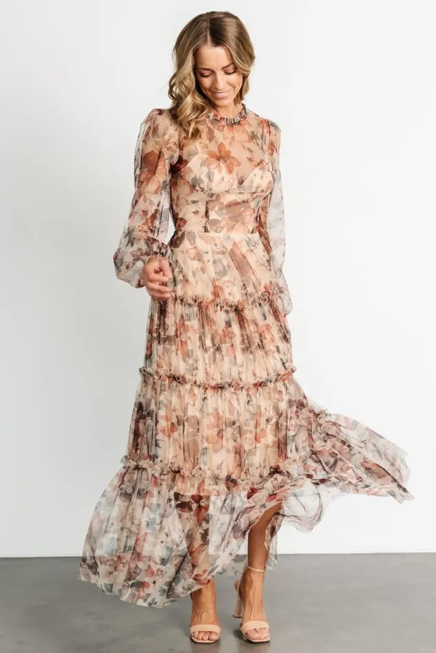 Baltic Born Tulle Styles Women Stephanie Tiered Maxi Dress Taupe Floral Baltic Born Tulle Styles Women Stephanie Tiered Maxi Dress Taupe Floral