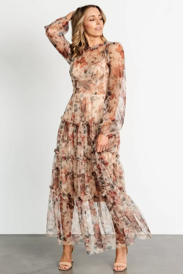 Baltic Born Tulle Styles Women Stephanie Tiered Maxi Dress Taupe Floral Baltic Born Tulle Styles Women Stephanie Tiered Maxi Dress Taupe Floral