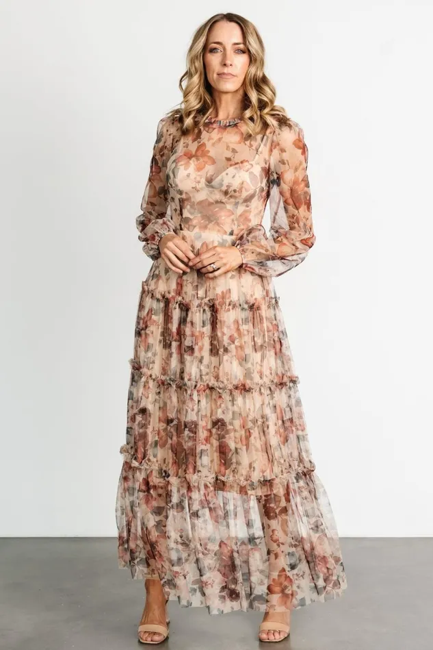 Baltic Born Tulle Styles Women Stephanie Tiered Maxi Dress Taupe Floral Baltic Born Tulle Styles Women Stephanie Tiered Maxi Dress Taupe Floral