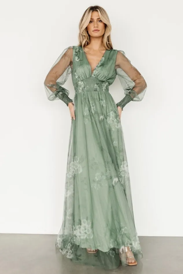 Baltic Born Wedding Guest Women Layla Tulle Maxi Dress Dusty Green Floral