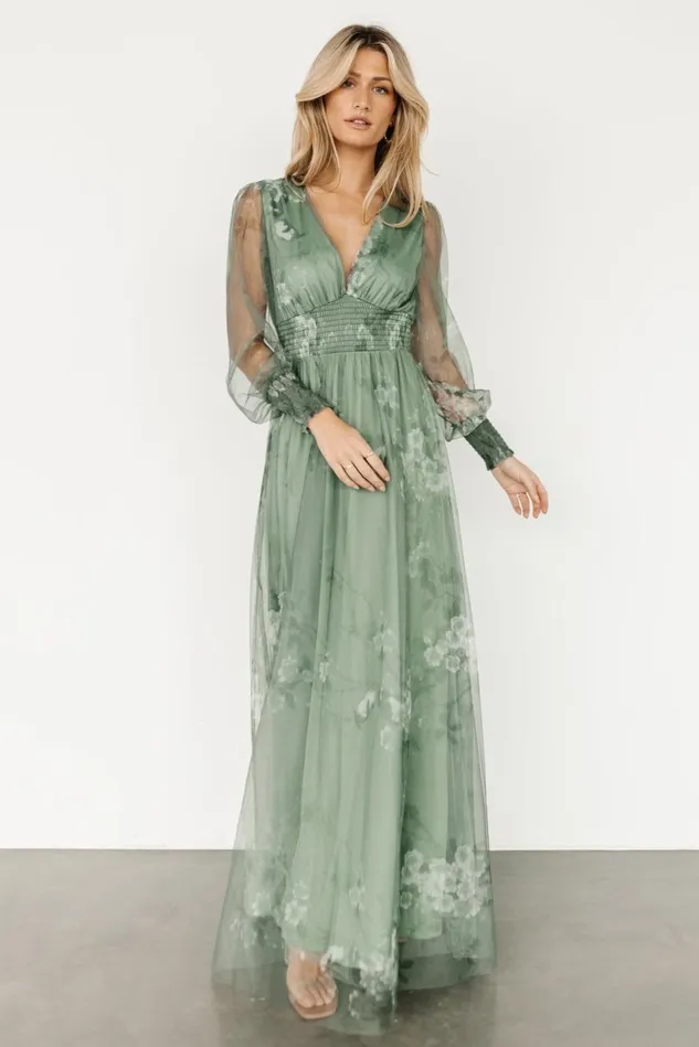 Baltic Born Wedding Guest Women Layla Tulle Maxi Dress Dusty Green Floral