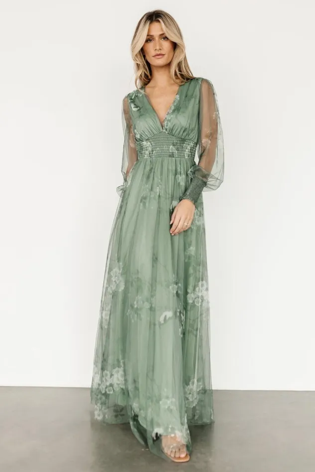 Baltic Born Wedding Guest Women Layla Tulle Maxi Dress Dusty Green Floral