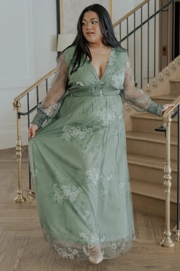 Baltic Born Wedding Guest Women Layla Tulle Maxi Dress Dusty Green Floral