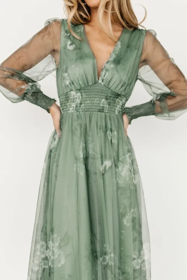 Baltic Born Wedding Guest Women Layla Tulle Maxi Dress Dusty Green Floral