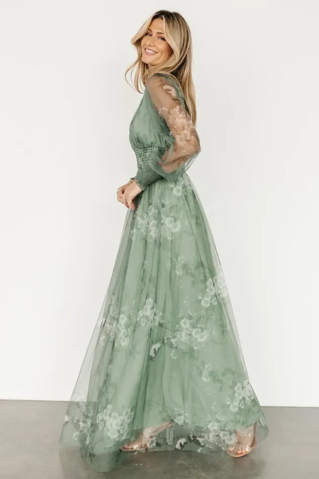 Baltic Born Wedding Guest Women Layla Tulle Maxi Dress Dusty Green Floral