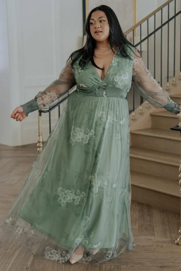 Baltic Born Wedding Guest Women Layla Tulle Maxi Dress Dusty Green Floral