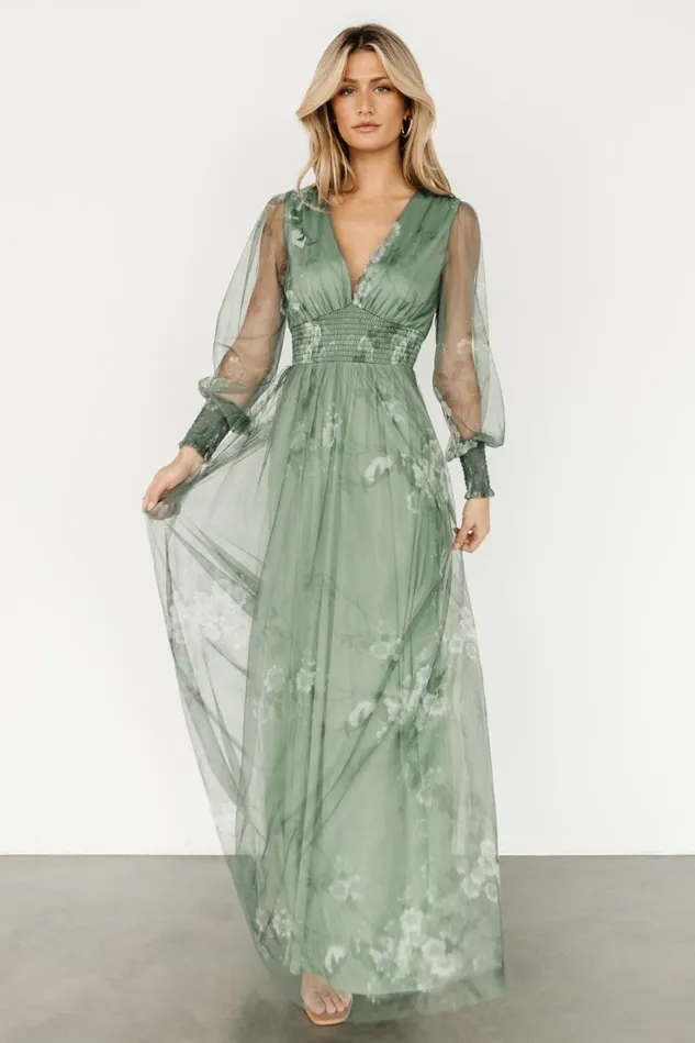 Baltic Born Wedding Guest Women Layla Tulle Maxi Dress Dusty Green Floral