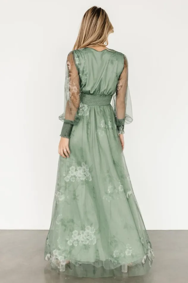 Baltic Born Wedding Guest Women Layla Tulle Maxi Dress Dusty Green Floral