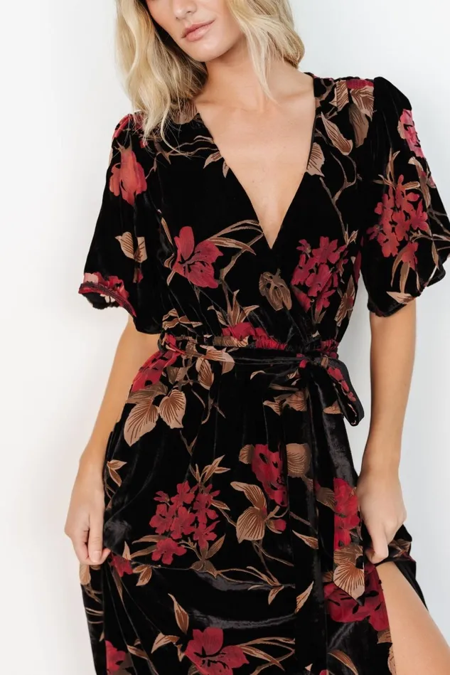 Baltic Born Wedding Guest Women Uma Velvet Maxi Dress Merlot Black Floral