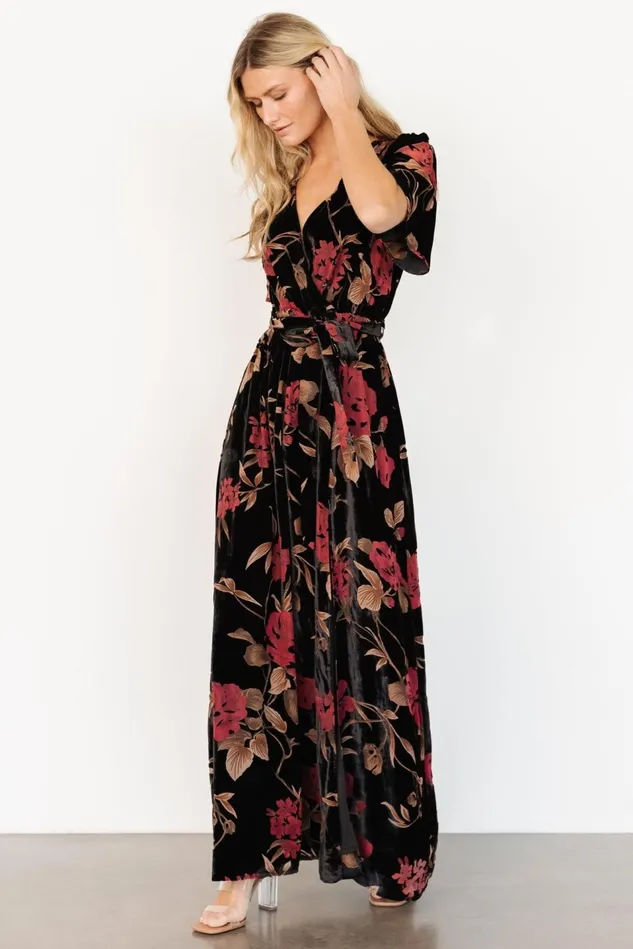 Baltic Born Wedding Guest Women Uma Velvet Maxi Dress Merlot Black Floral