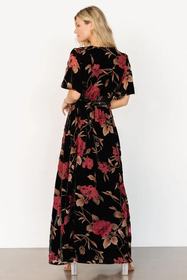 Baltic Born Wedding Guest Women Uma Velvet Maxi Dress Merlot Black Floral