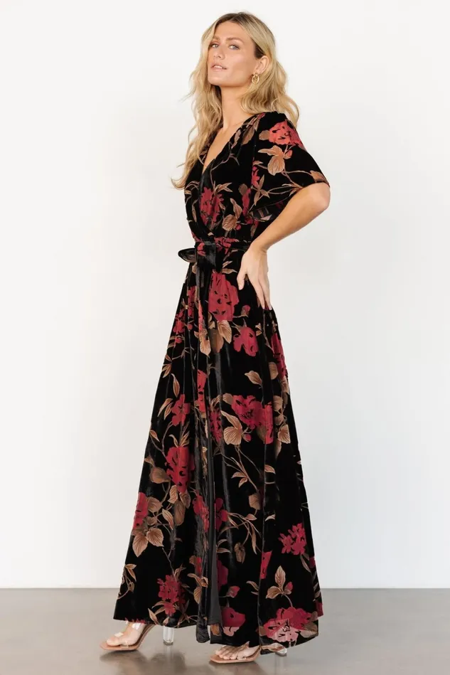 Baltic Born Wedding Guest Women Uma Velvet Maxi Dress Merlot Black Floral