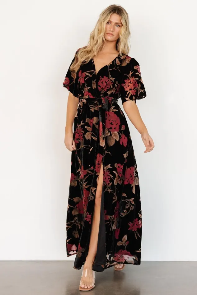 Baltic Born Wedding Guest Women Uma Velvet Maxi Dress Merlot Black Floral