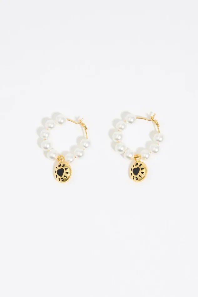 Black Candy Logo And Pearl Hoop Earrings Pearl Women Bimba Y Lola Jewelry