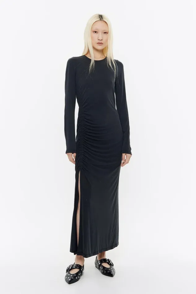 Black Ruched Dress With Rhinestones Washed Black Women Bimba Y Lola Dresses And Jumpsuits Black Ruched Dress With Rhinestones Washed Black Women Bimba Y Lola Dresses And Jumpsuits