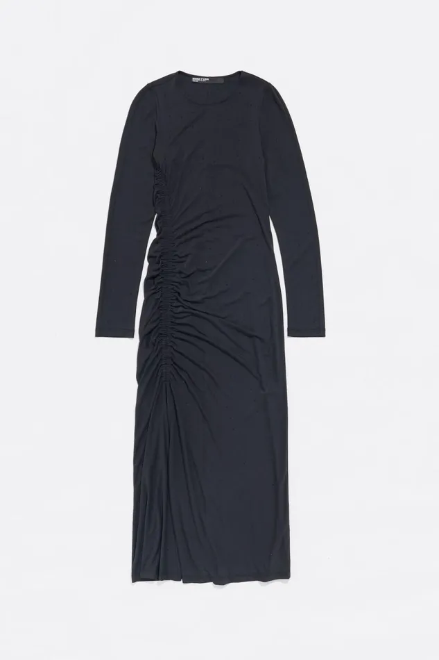 Black Ruched Dress With Rhinestones Washed Black Women Bimba Y Lola Dresses And Jumpsuits Black Ruched Dress With Rhinestones Washed Black Women Bimba Y Lola Dresses And Jumpsuits