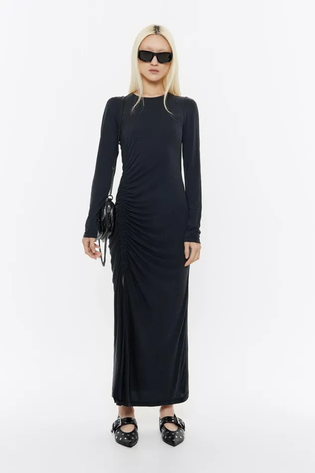 Black Ruched Dress With Rhinestones Washed Black Women Bimba Y Lola Dresses And Jumpsuits Black Ruched Dress With Rhinestones Washed Black Women Bimba Y Lola Dresses And Jumpsuits